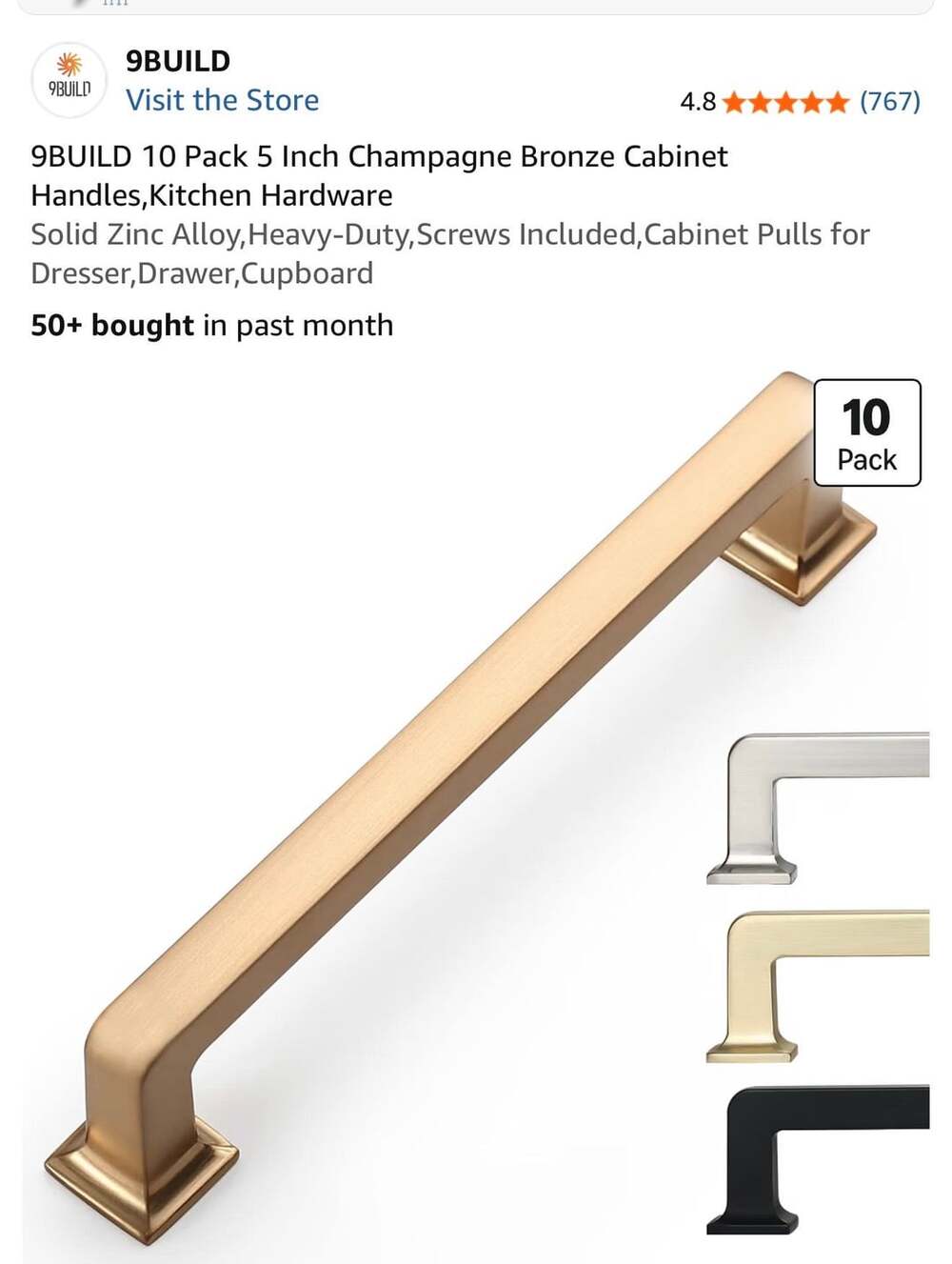 9BUILD 6 Pack 7.5 Inch Champagne Bronze Cabinet Handles,Kitchen Hardware
